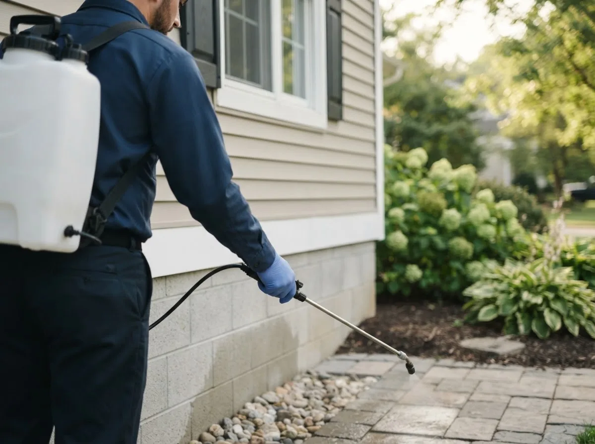 Pest control technician inspecting a home in Avoca, NE